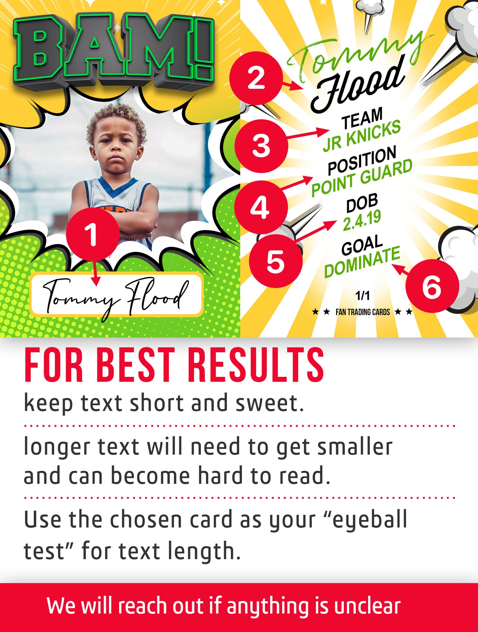 Fan trading card with player information and customization instructions. 