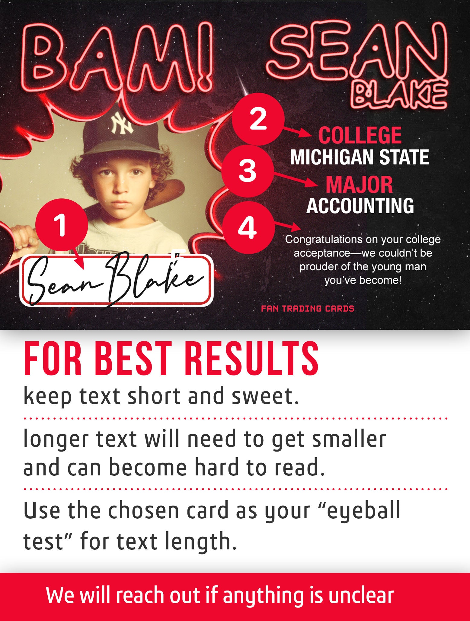 Fan trading card with player information and customization instructions. 