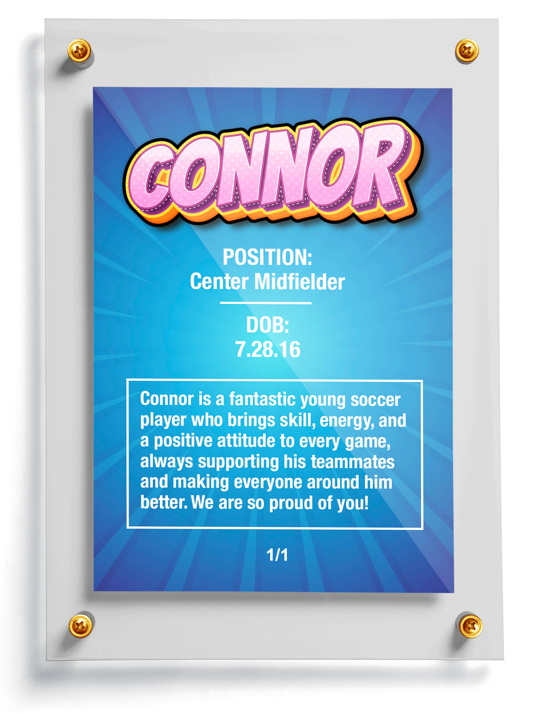 Comic trading sports card theme with 'POW!' design and a child in a soccer jersey, featuring the name Connor Cromwell.