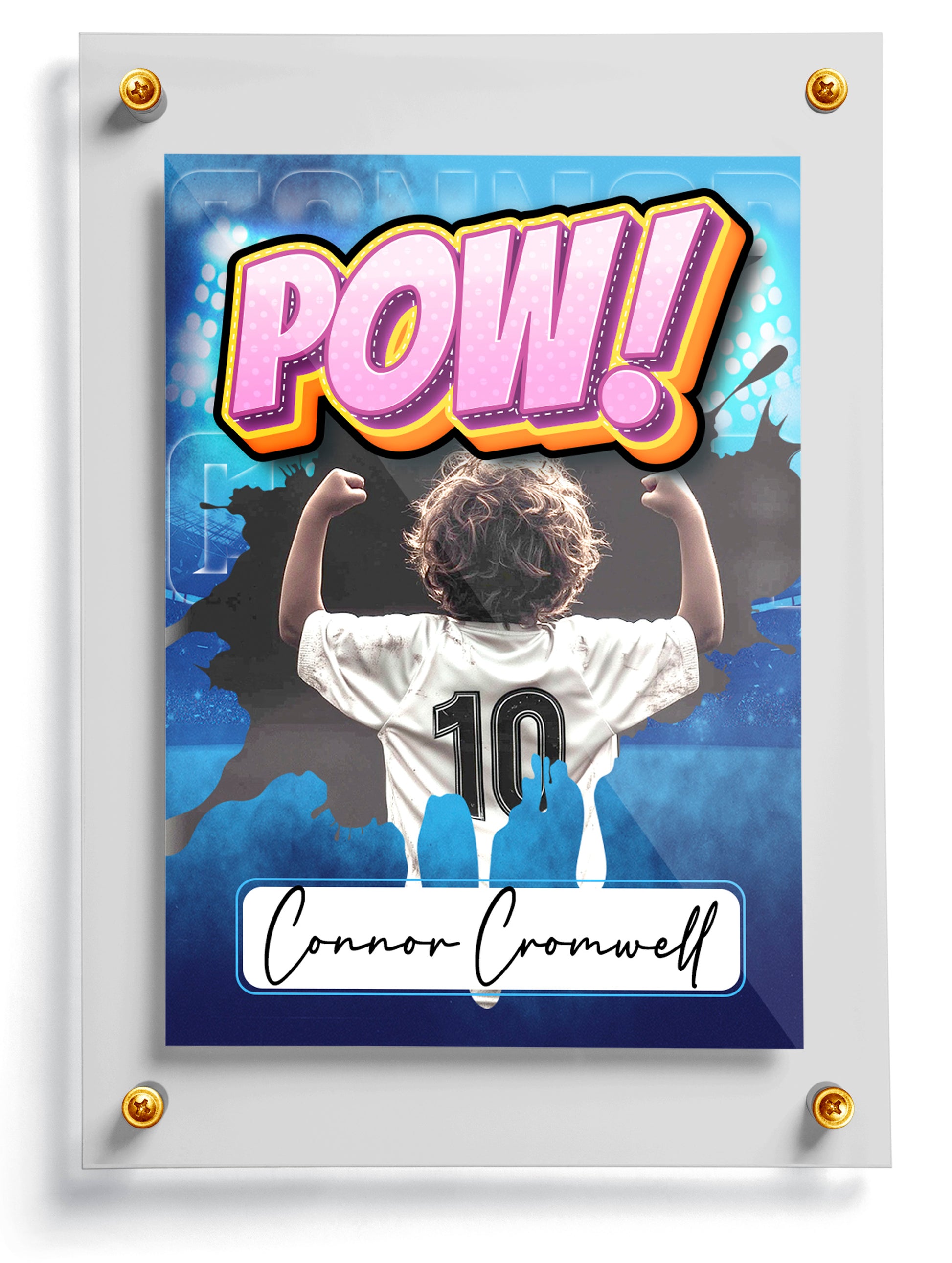 Comic trading sports card theme with 'POW!' design and a child in a soccer jersey, featuring the name Connor Cromwell.