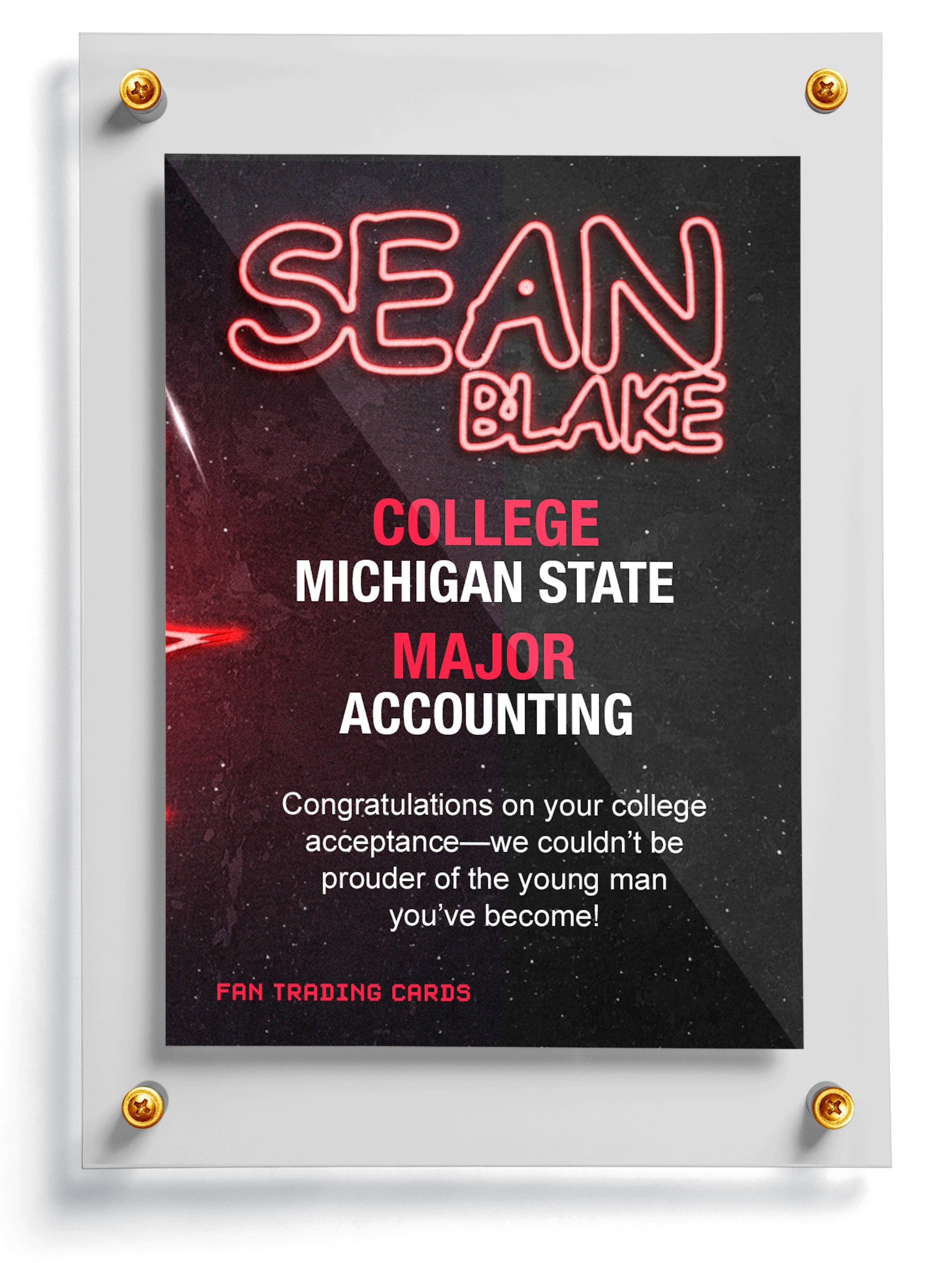 Neon sign congratulating someone on college acceptance with details about their major.