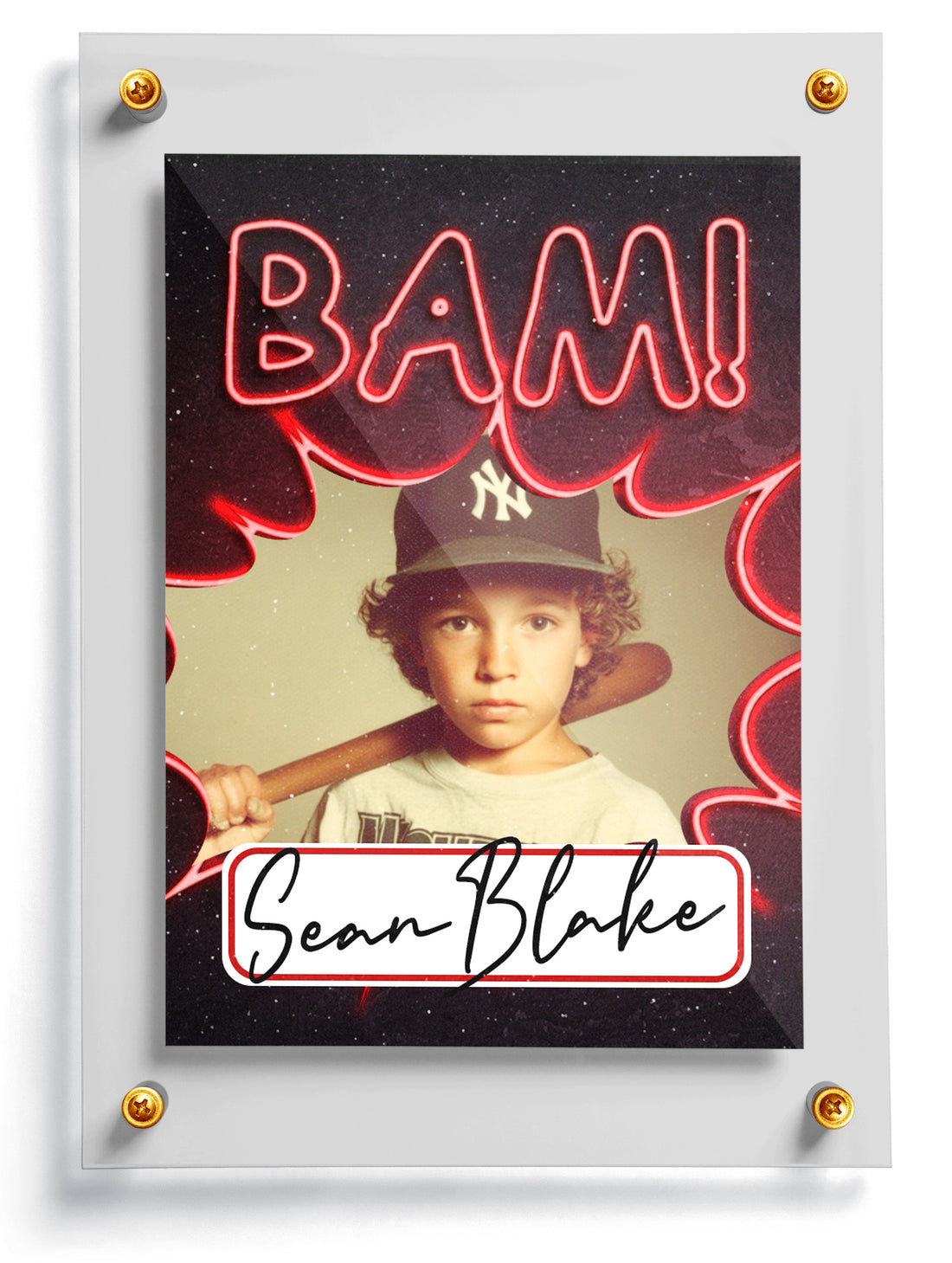 Vintage-style trading card of a young boy with a baseball bat, featuring the word 'BAM!' and the name 'Sean Blake'.