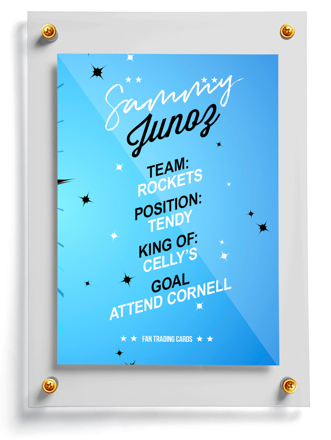 Comic-style trading card design with a child in a superhero costume, featuring the word 'WHAM!' and the name 'Sammy Junos'.