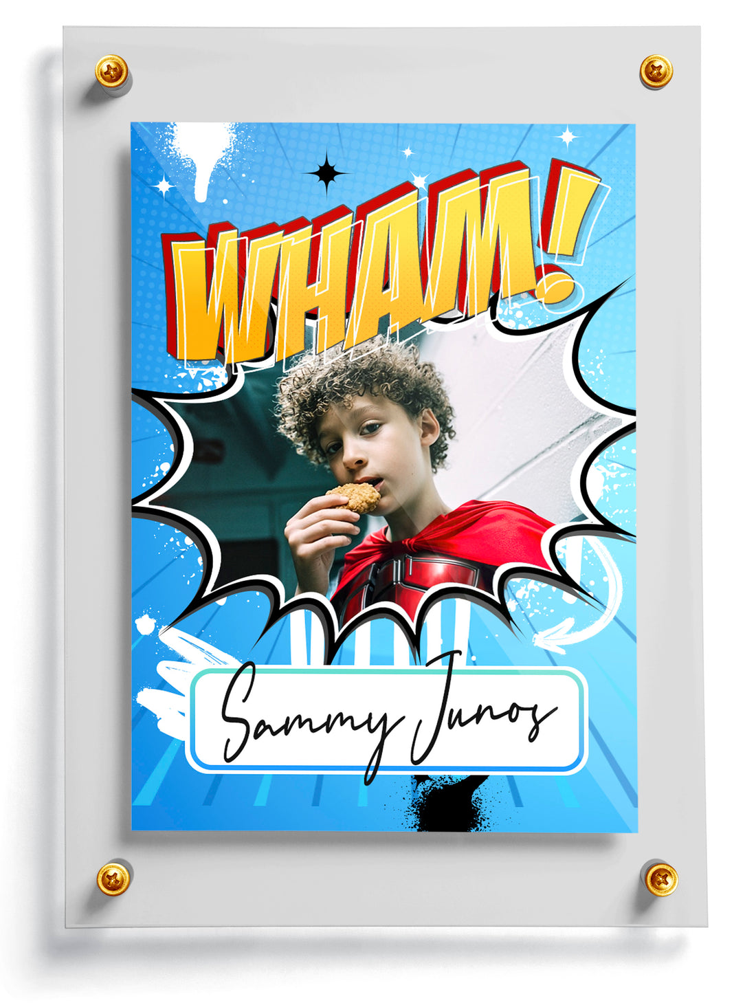 Comic-style trading card design with a child in a superhero costume, featuring the word 'WHAM!' and the name 'Sammy Junos'.