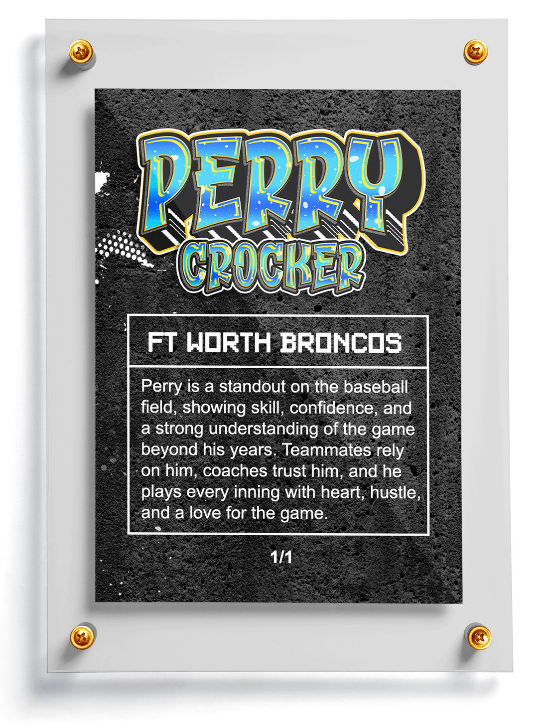 Graffiti style trading card with a child playing baseball, 'POW!' graphic, and name 'Perry Crocker'.