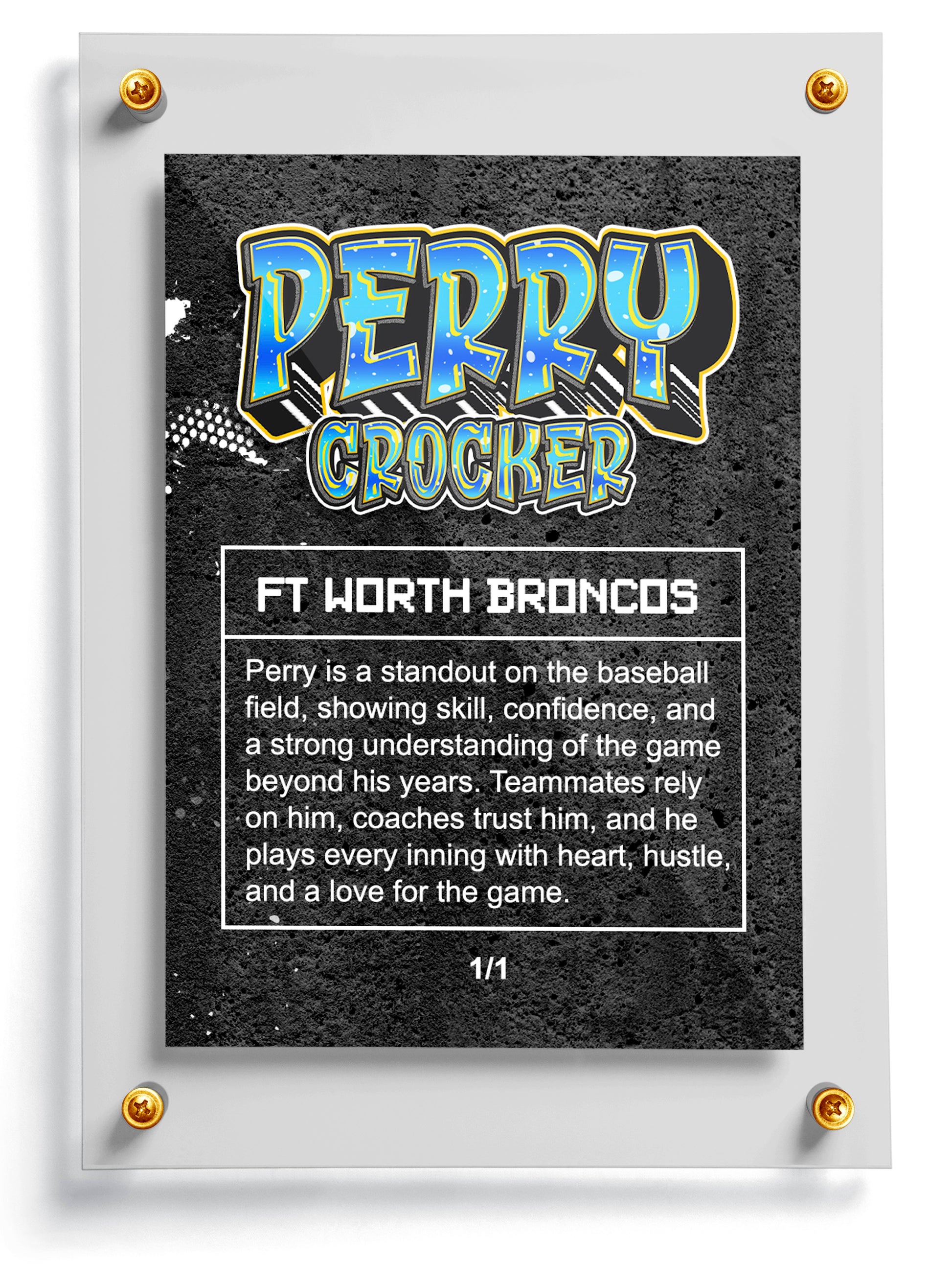Back of graffiti trading card with 'Perry Crocker' and 'Ft Worth Broncos' text on a black background