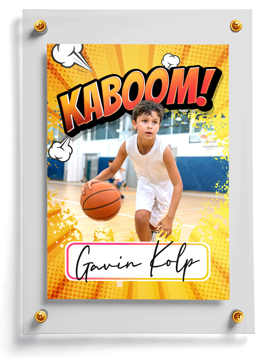 Comic style Basketball-themed poster with 'KABOOM!' and a child holding a basketball.