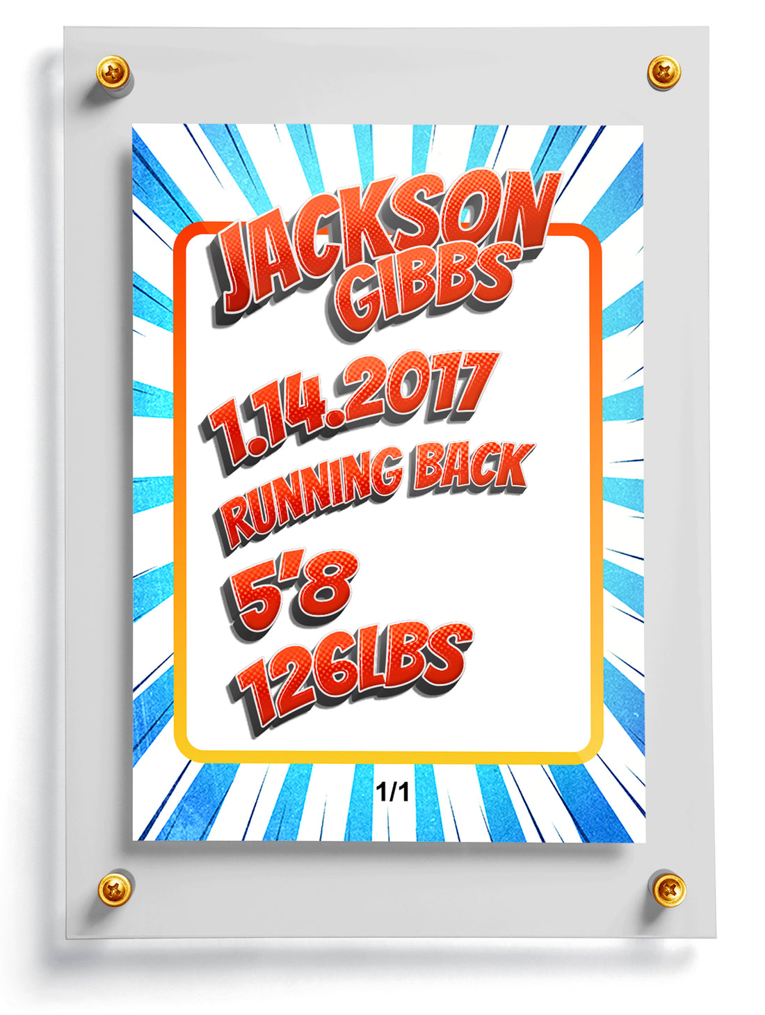 Comic style sports card with a child in a superhero costume and 'BOOM!' text, featuring the name Jackson Gibbs.