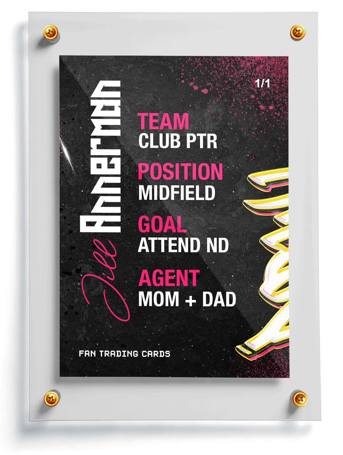 Graffiti style trading card with a superhero character and 'POW!' text, featuring Jill Annerman's name.