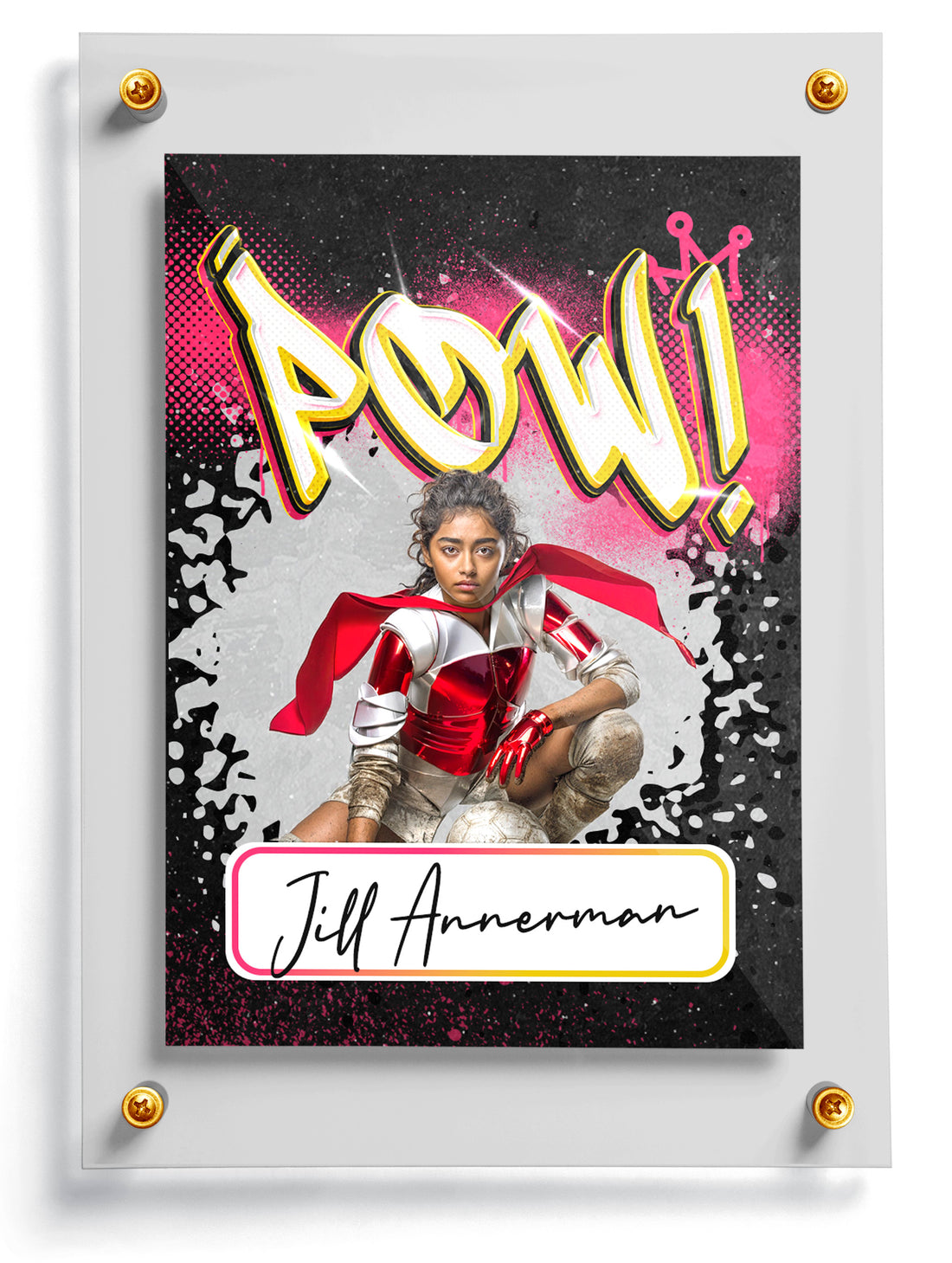 Graffiti style trading card with a superhero character and 'POW!' text, featuring Jill Annerman's name.