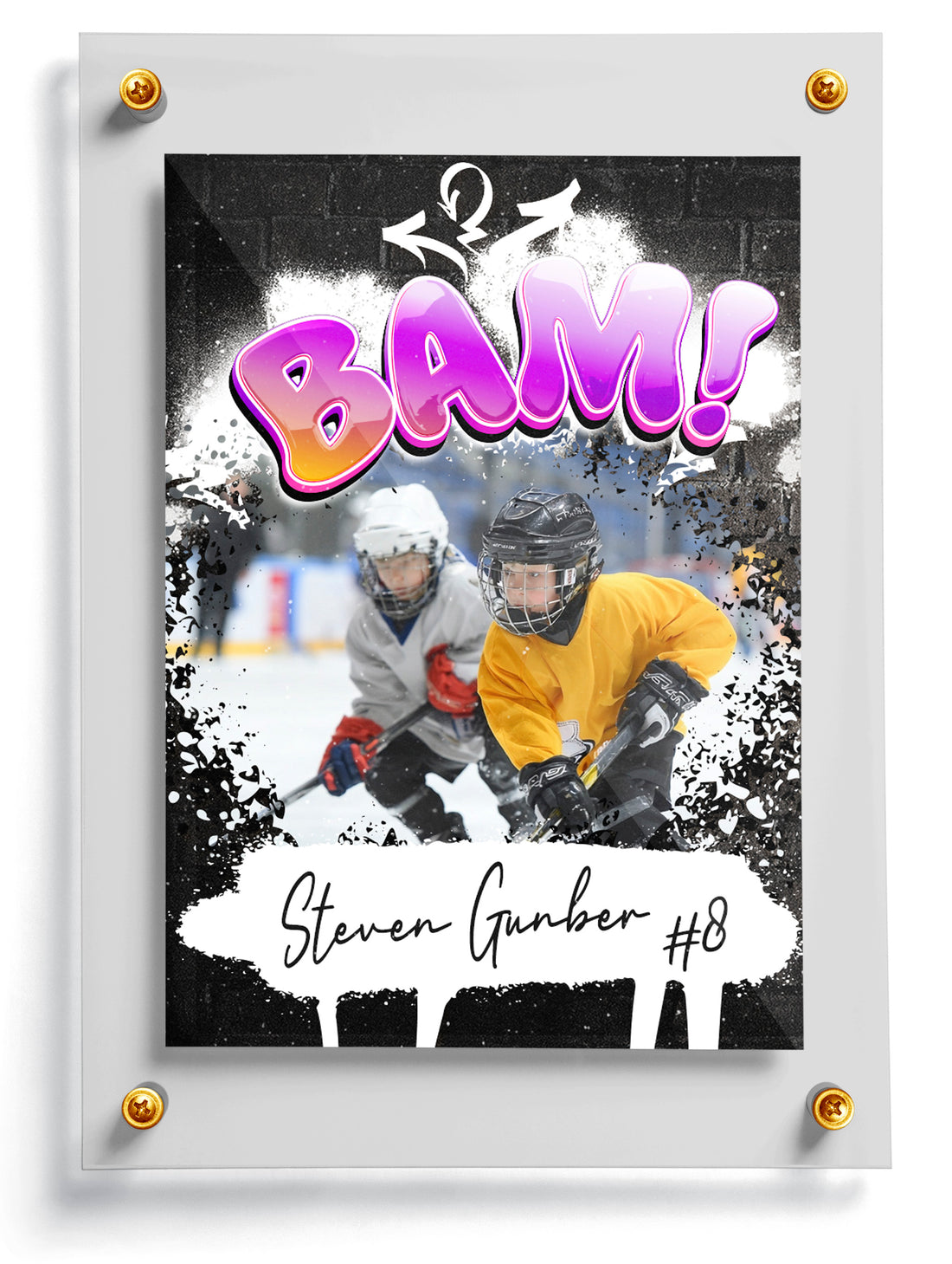 Hockey-themed graffiti card with two players and the word 'BAM!' on a black and white background.
