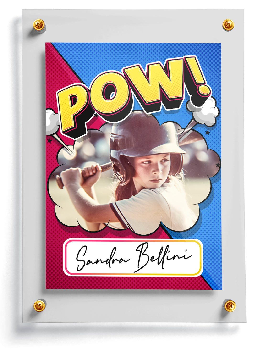 Comic-style trading card with a superhero character and 'POW!' text, featuring the name Sandra Bellini.