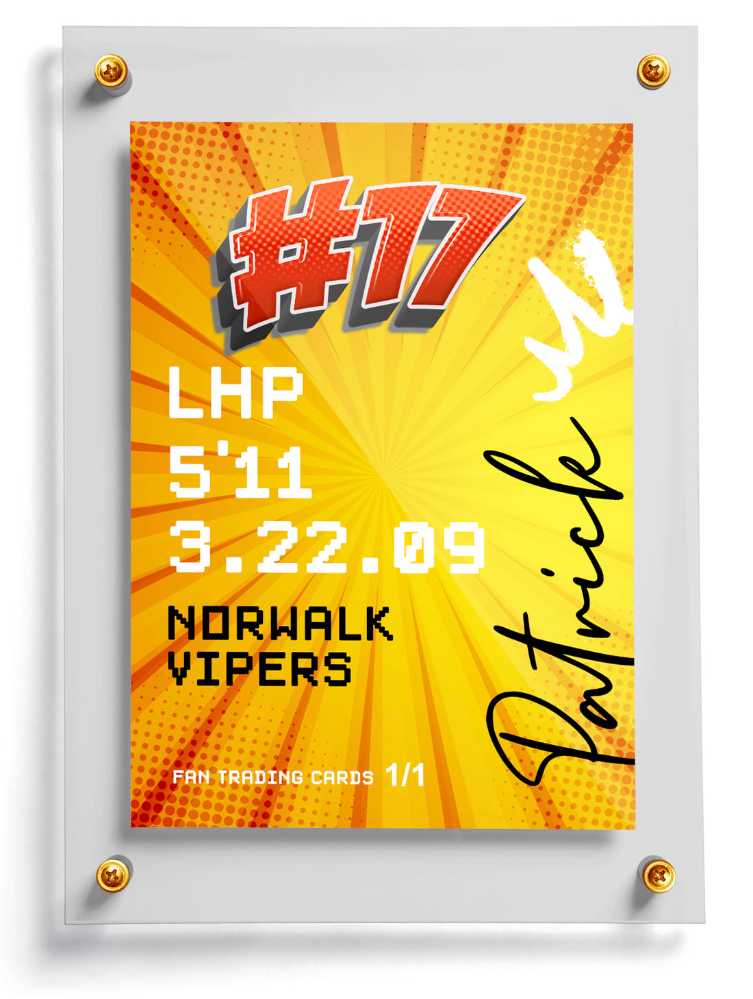 Comic-style sports trading card with 'POW!' and 'Patrick Lopez' text on a yellow background