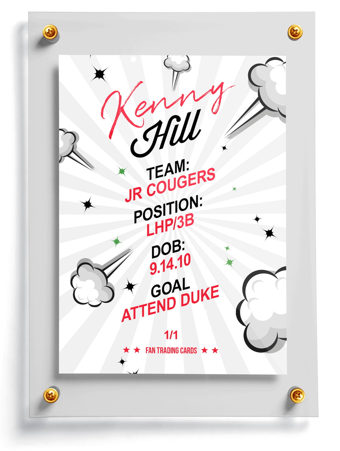 Custom comic trading card with 'BOOM!' text and a person wearing a sports uniform.