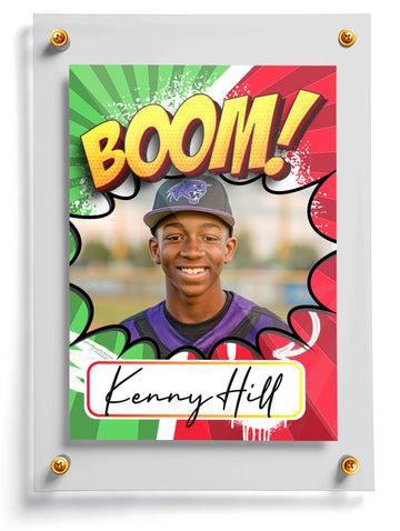 Custom comic trading card with 'BOOM!' text and a person wearing a sports uniform.