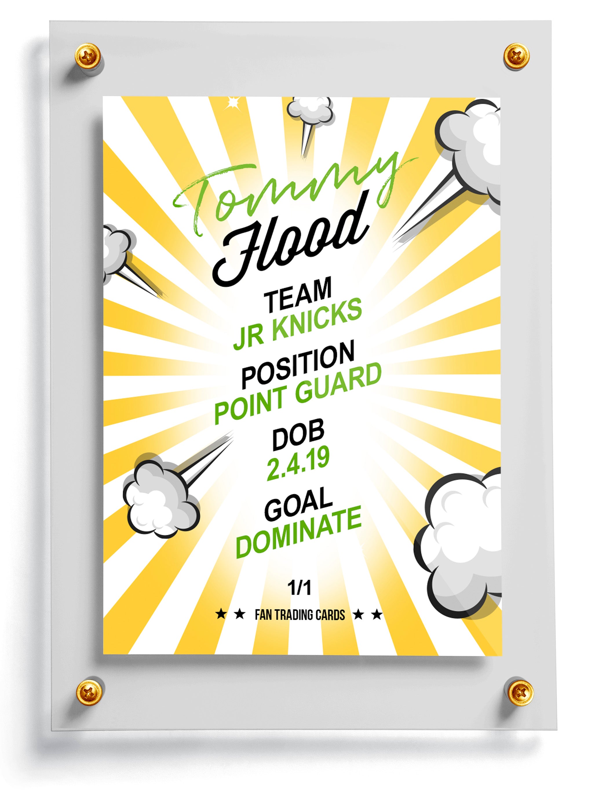 Collectible card with 'Tommy Flood' details on a yellow and white background
