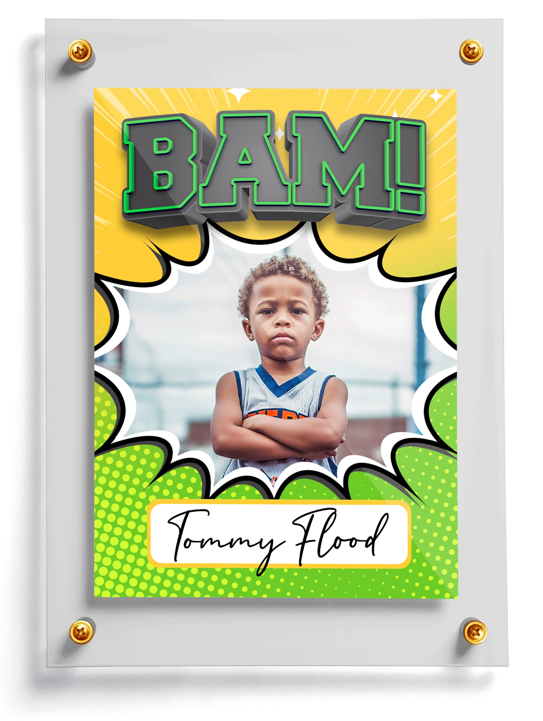Children's trading card with a child's photo and 'BAM!' text on a yellow and green background.