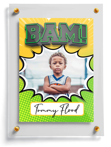 Children's trading card with a child's photo and 'BAM!' text on a yellow and green background.