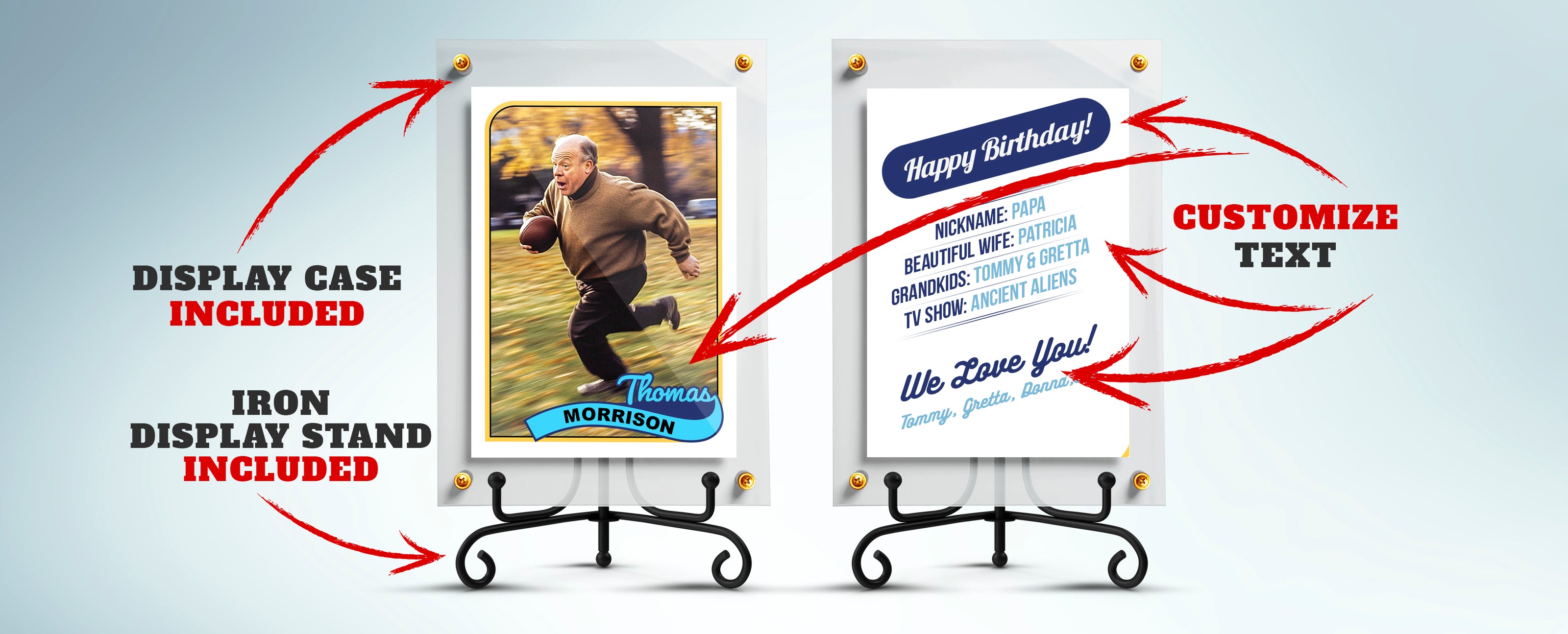 Product display with a photo frame, iron stand, and customizable text card on a light blue background.