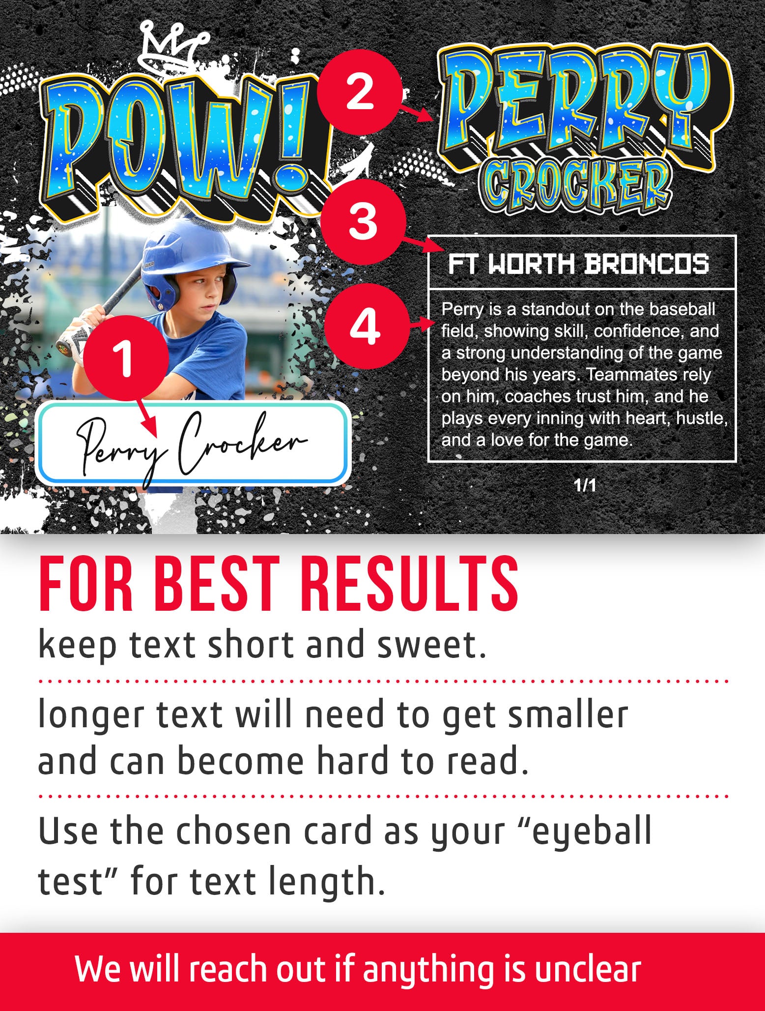 Fan trading card with player information and customization instructions. 
