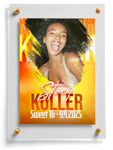 Dance trading card template for a Sweet 16 event featuring a woman with text overlay.