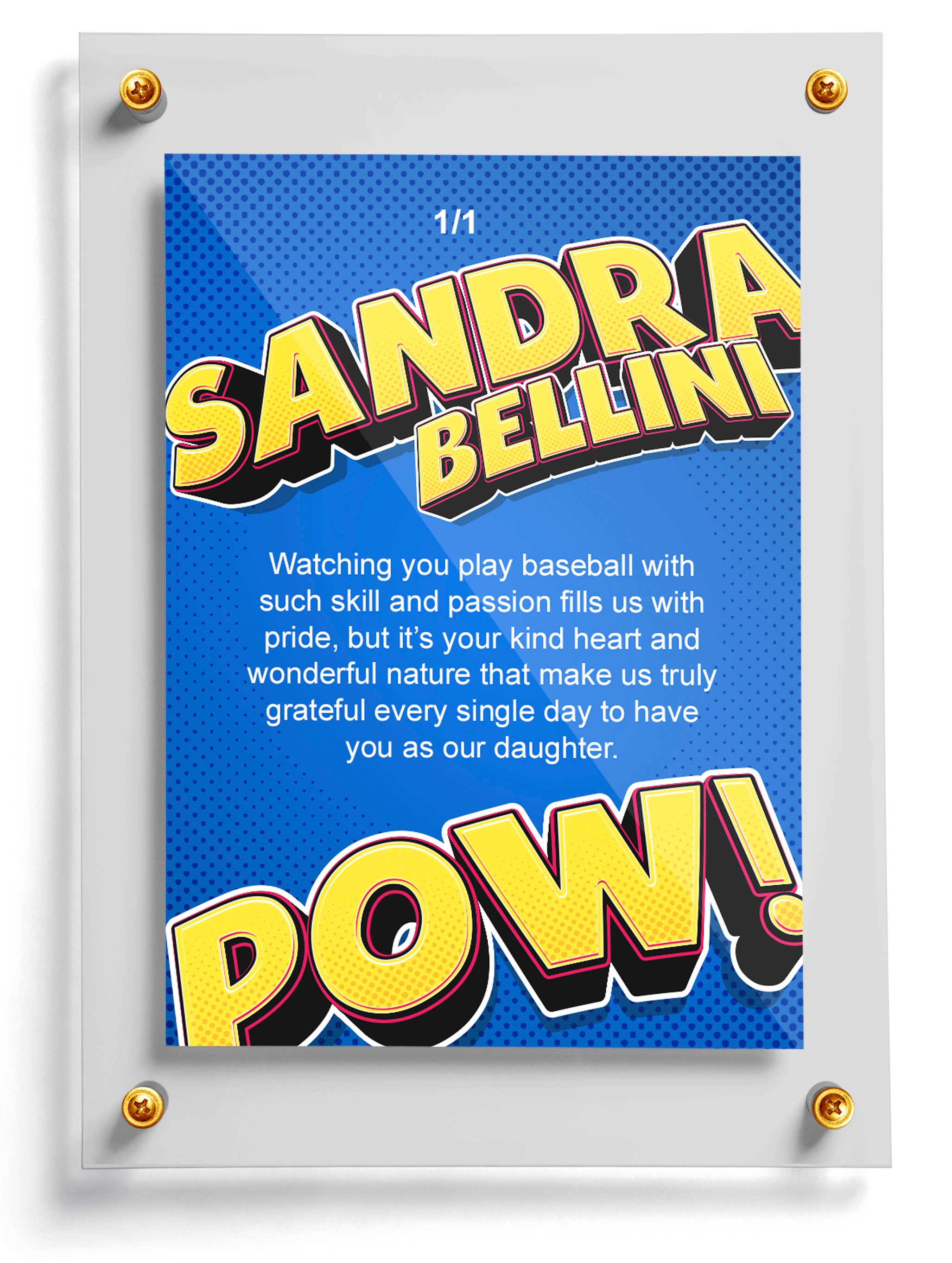Back of comic trading card template named Double with 'Sandra Bellini' and 'POW!' text on a blue background
