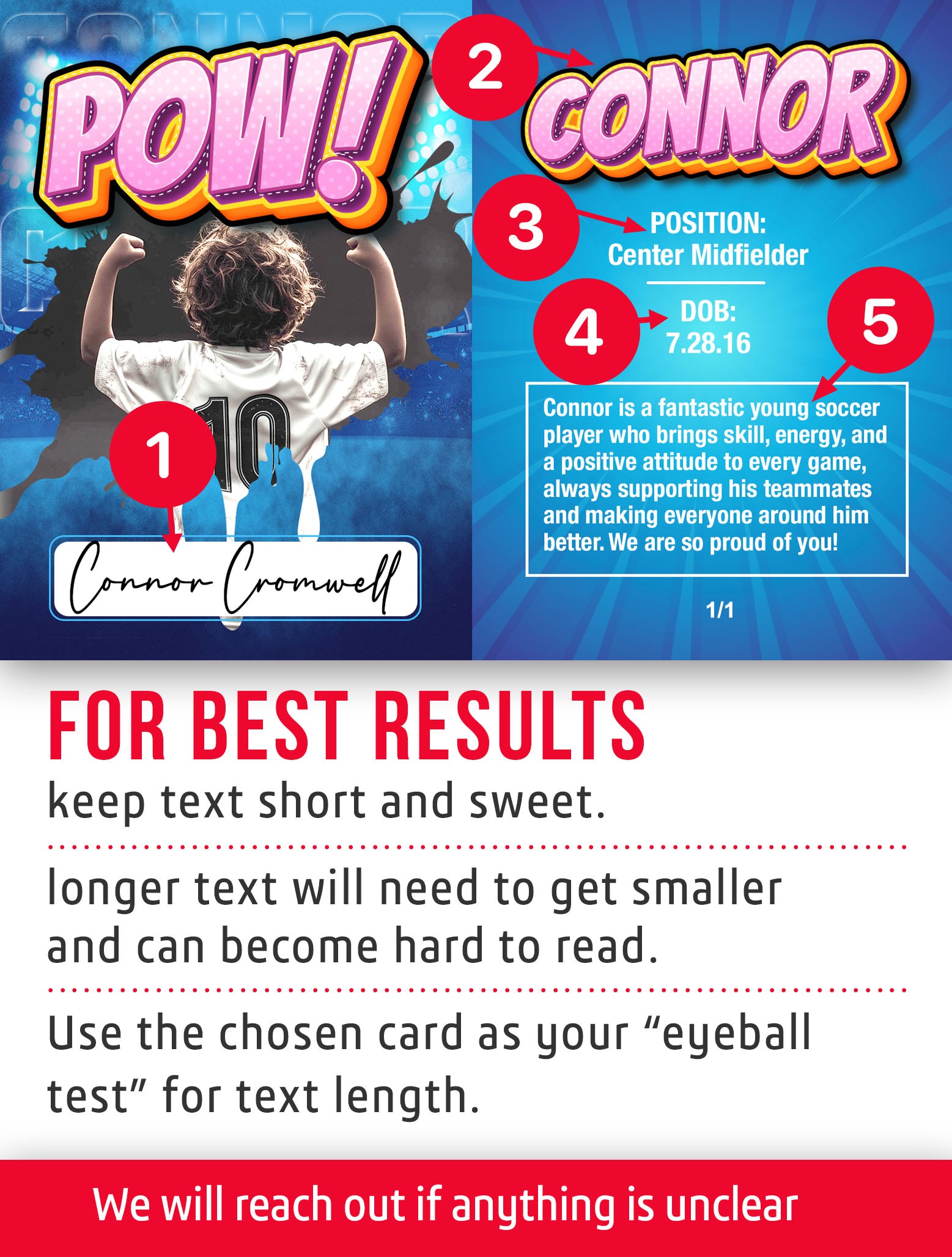 Fan trading card with player information and customization instructions. 