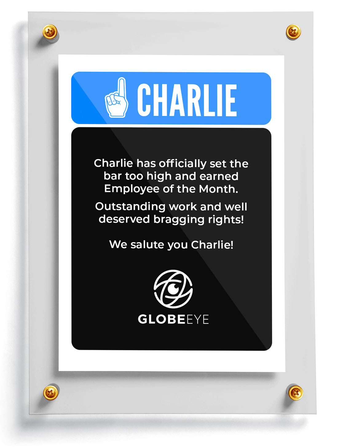 News trading card template featuring a man and text 'Employee of the Month' and 'Charlie Ackman May 2025' on a white background.