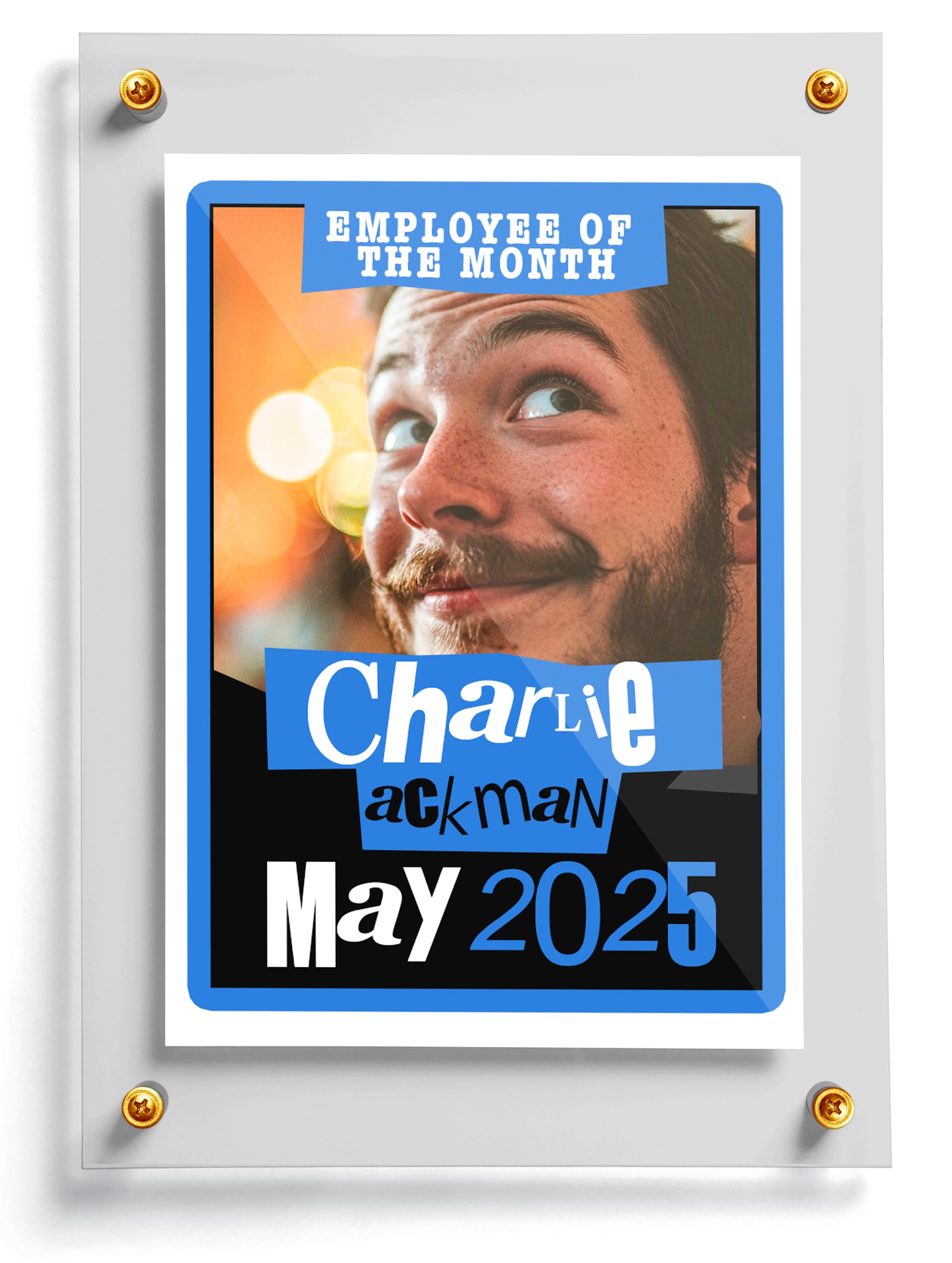 News trading card template featuring a man and text 'Employee of the Month' and 'Charlie Ackman May 2025' on a white background.