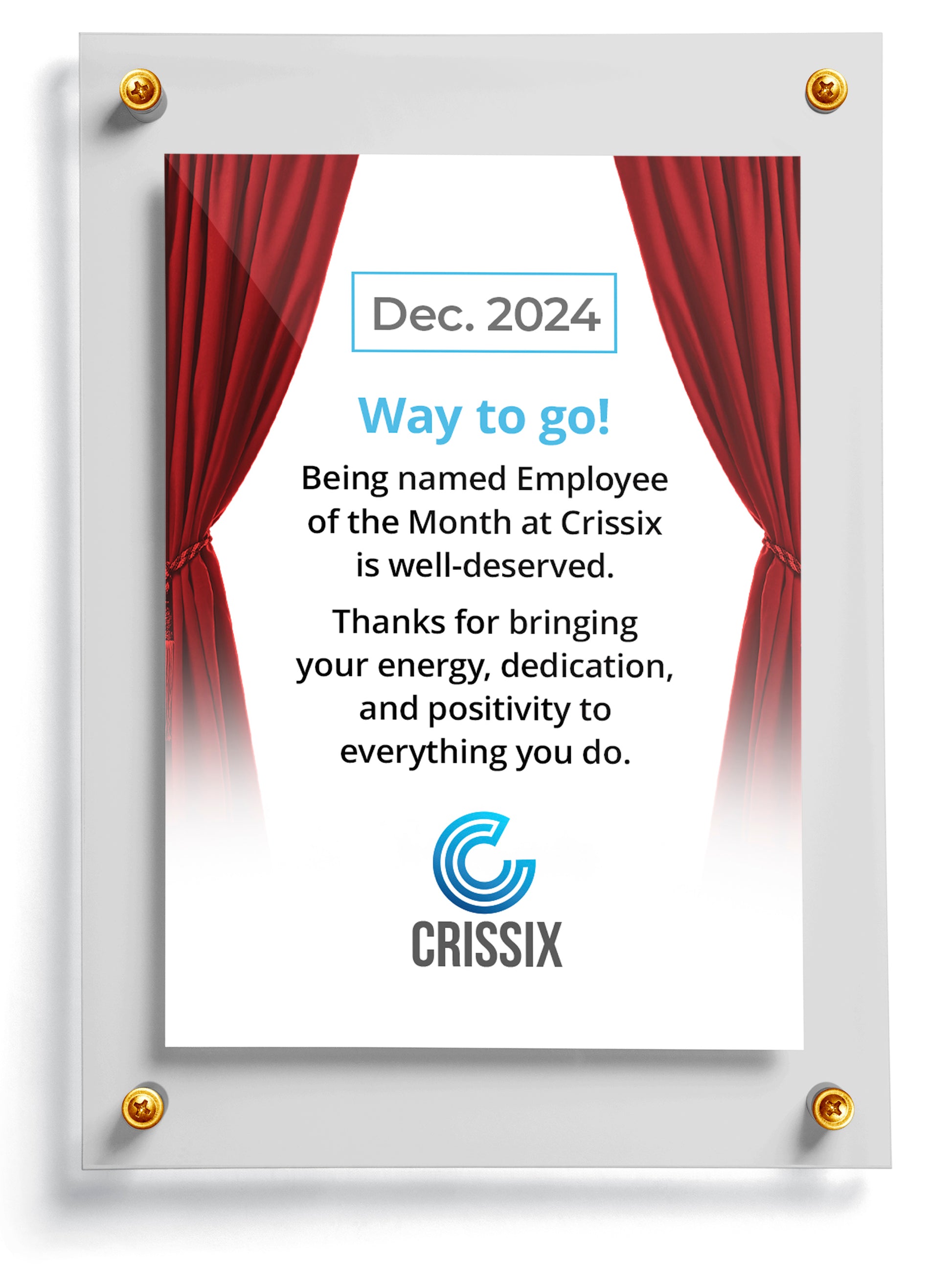Employee of the month trading card template named Showtime with red curtains and company logo, celebrating Employee of the Month award.