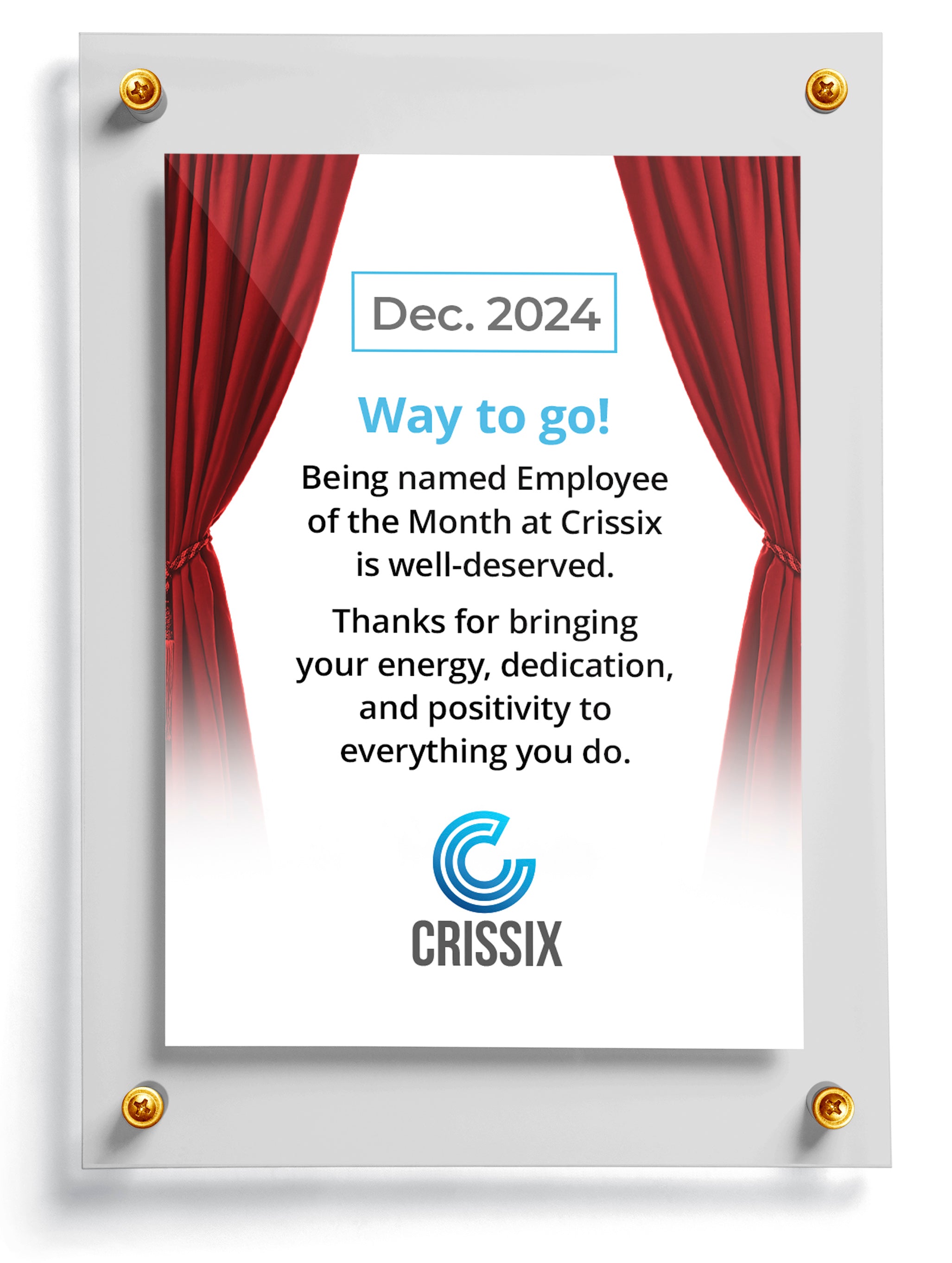 Employee of the month trading card template named Showtime with red curtains and company logo, celebrating Employee of the Month award.