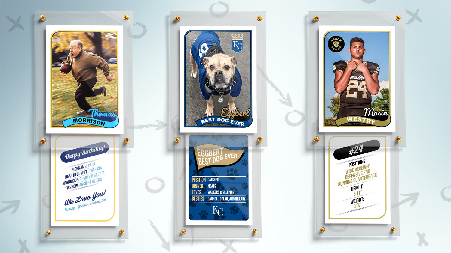 Collection of sports trading cards featuring athletes and a dog on a gray background