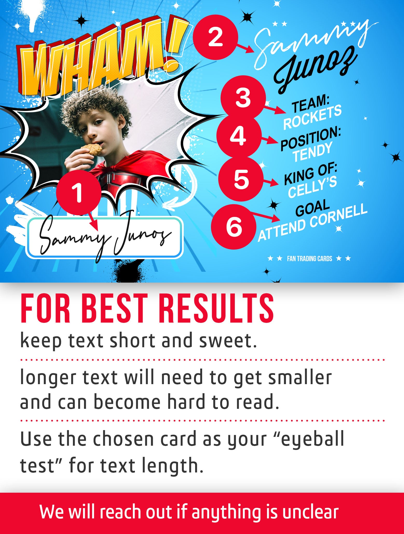 Fan trading card with player information and customization instructions. 