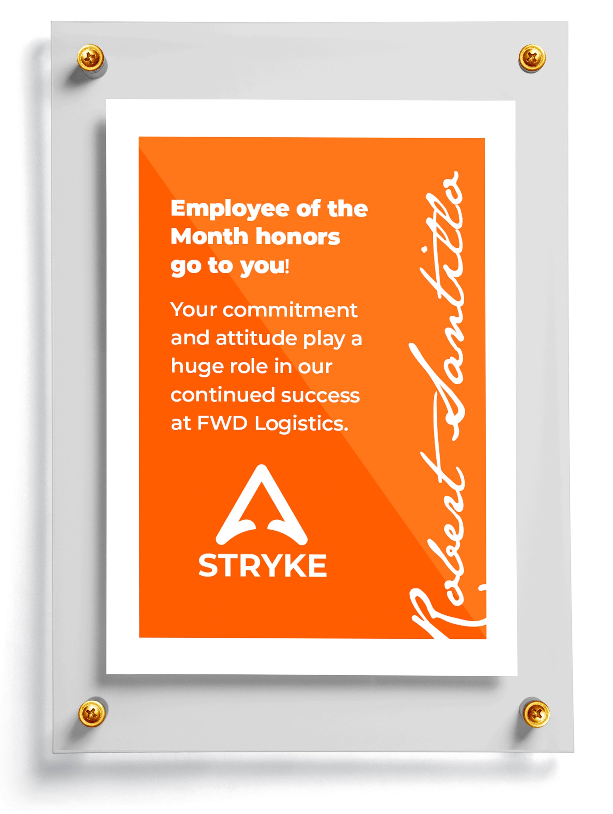 Employee of the month trading card template named Stage with 'Employee of the Month' text and Stryke logo on an orange background