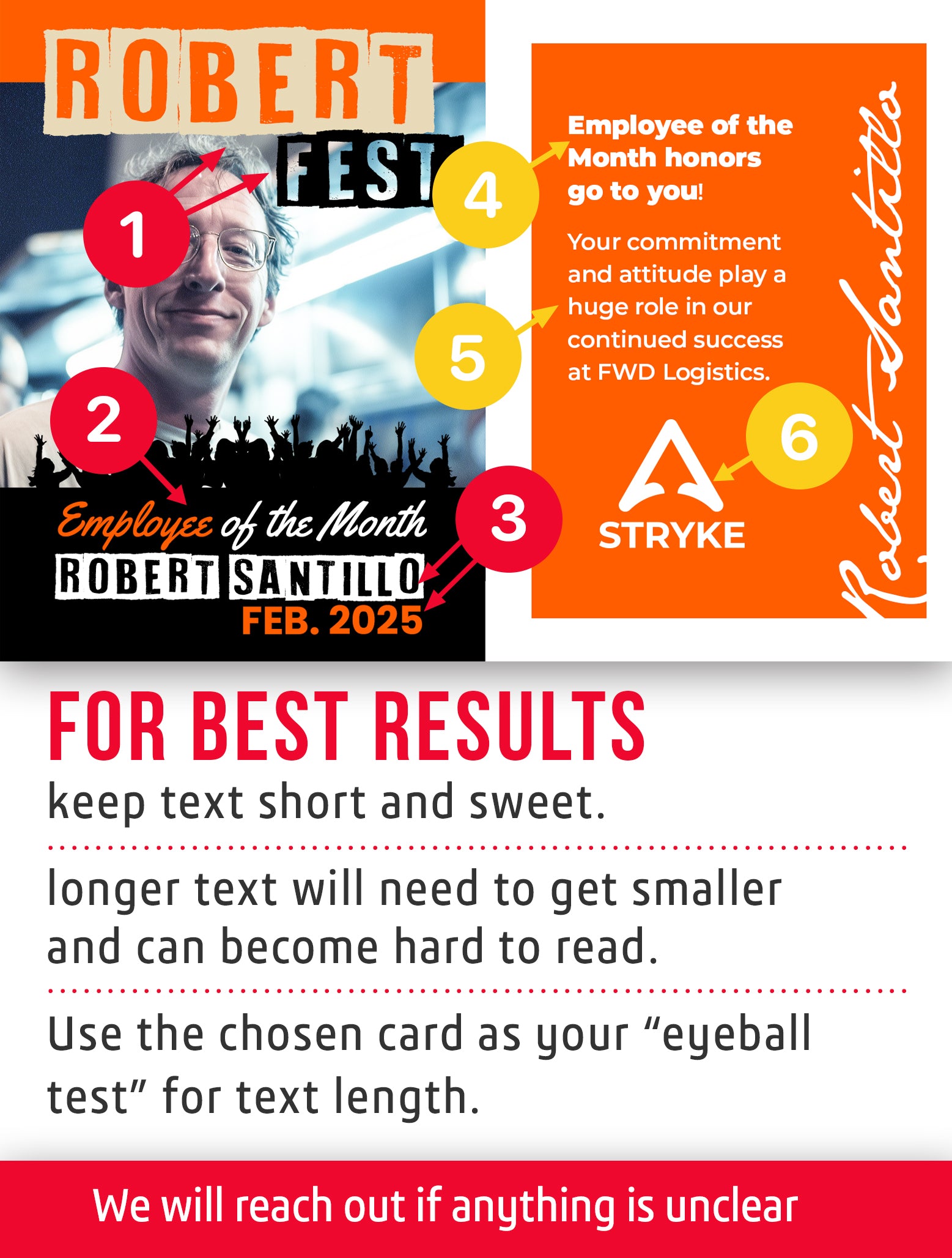 Job trading card template named Stage for Robert Santillo, Employee of the Month, with branding and text instructions.
