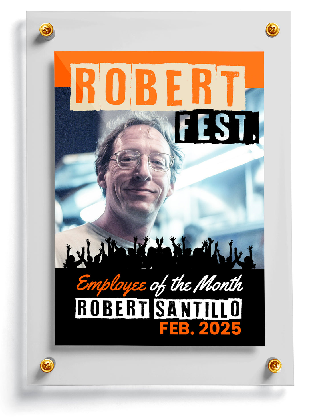 Job trading card named Stage with text 'Employee of the Month Robert Santillo Feb. 2025' on a white background.