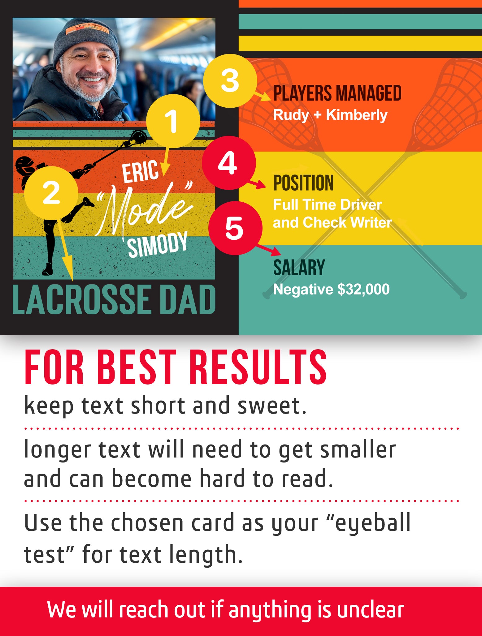 Lacrosse dad trading card template named Apple with customization instructions. 