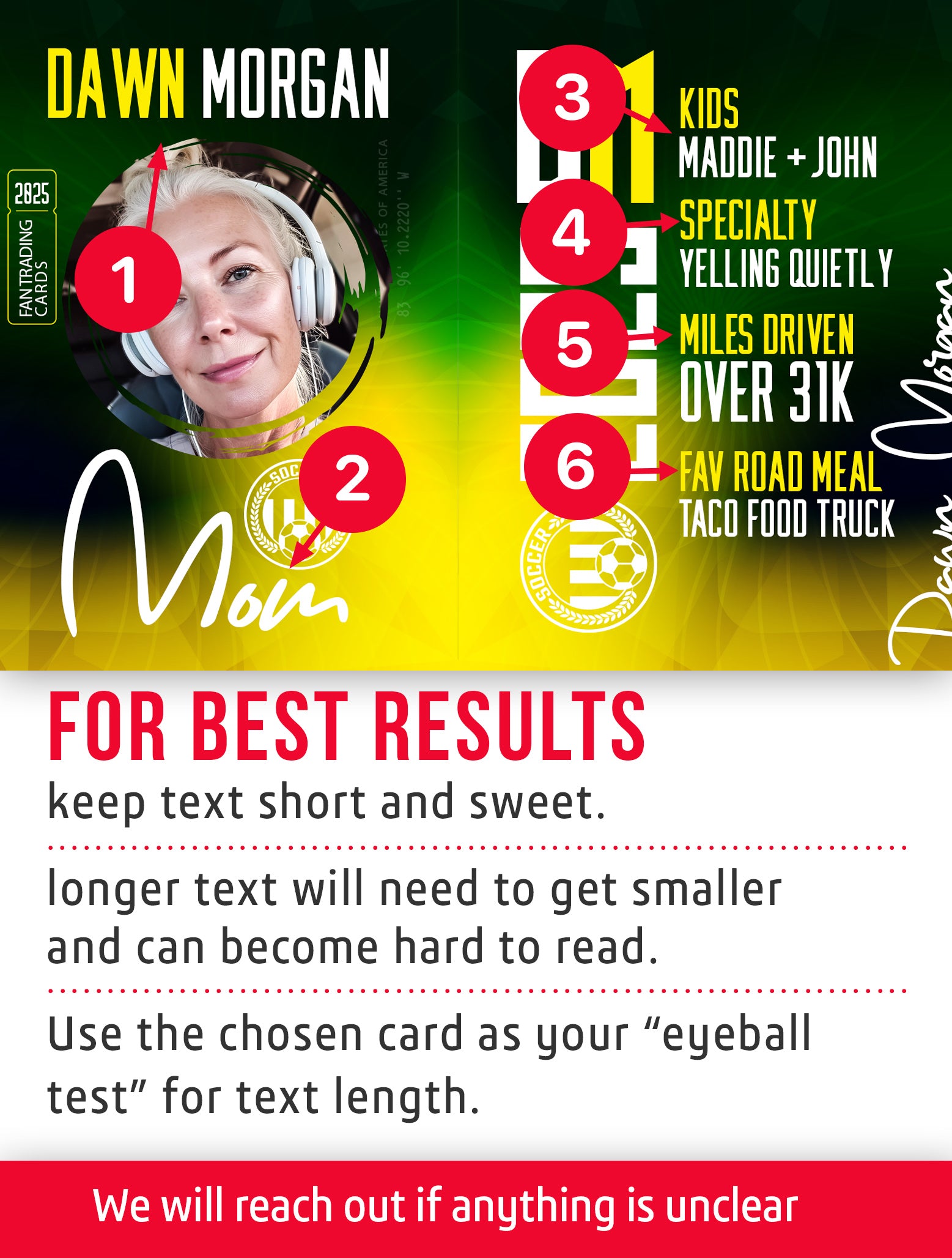 Soccer mom trading card template named Big Fan, customization instructions. 
