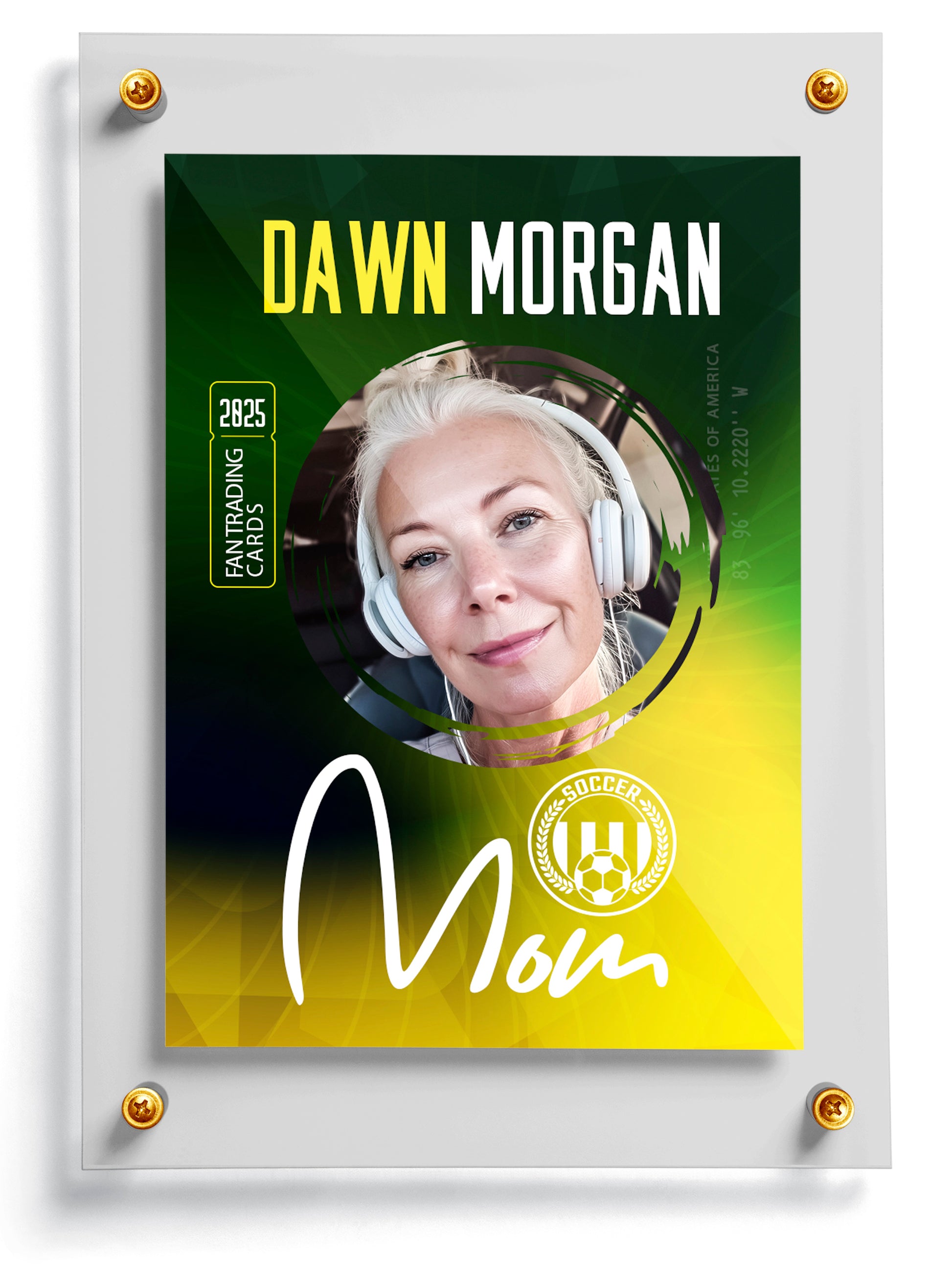 Soccer mom trading card template named Big Fan, front side.