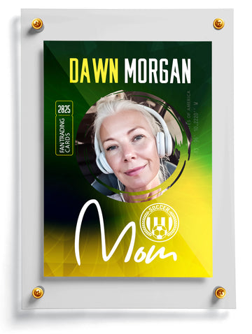 Soccer mom trading card template named Big Fan, front side.