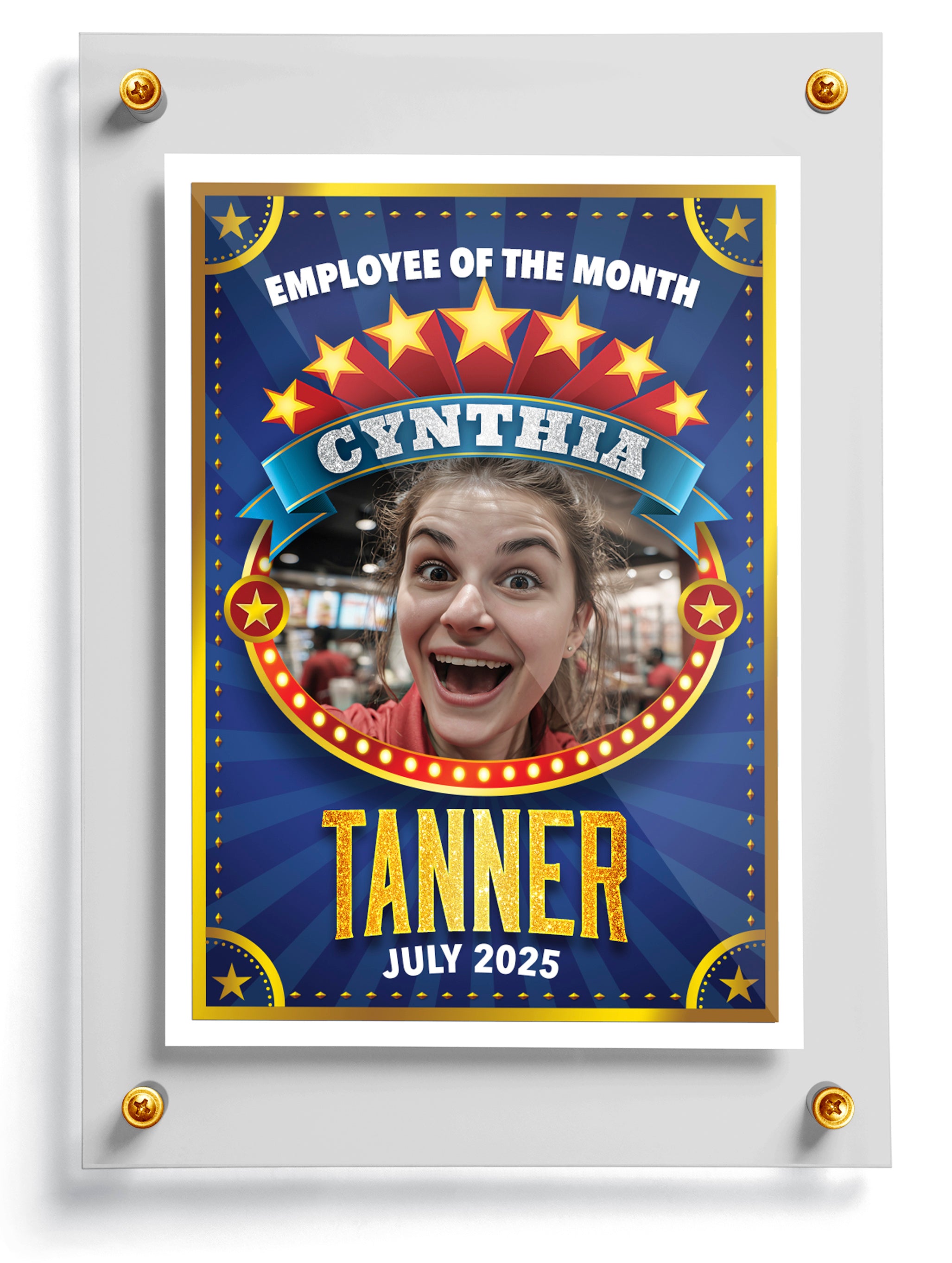 Circus themed trading card template named Bigtime with 'Employee of the Month' design featuring a person's face and text.
