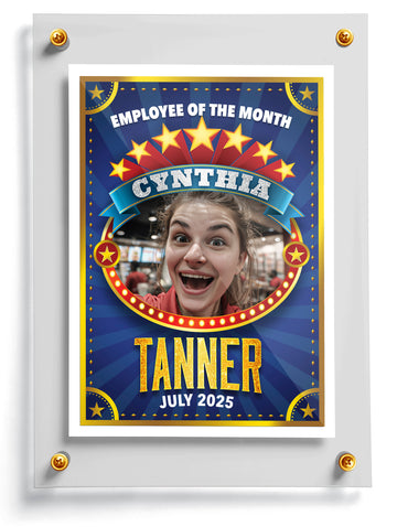 Circus themed trading card template named Bigtime with 'Employee of the Month' design featuring a person's face and text.