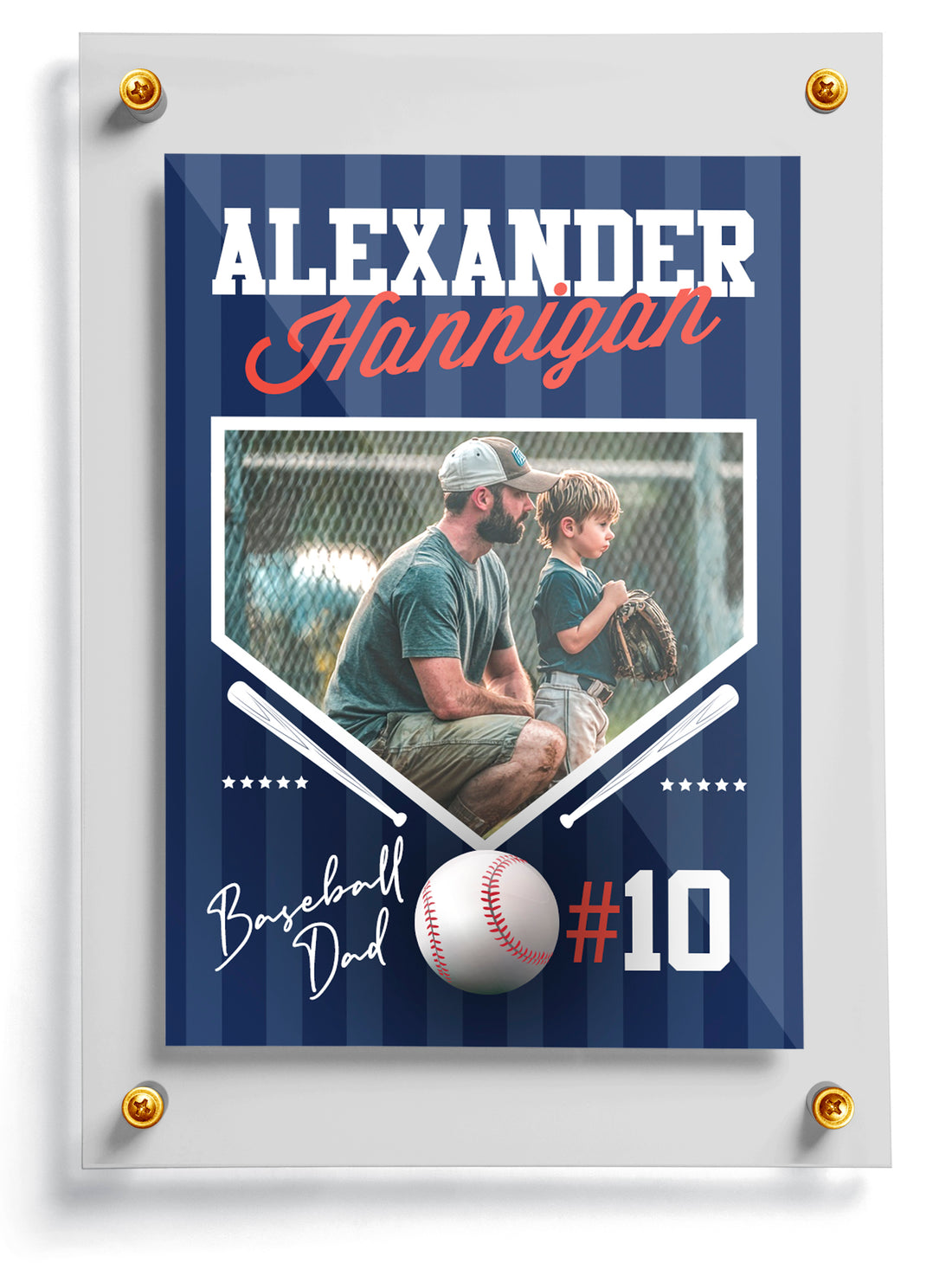 Personalized baseball rookie card template with photo of a man and child, text 'Alexander Hannigan', and baseball elements.