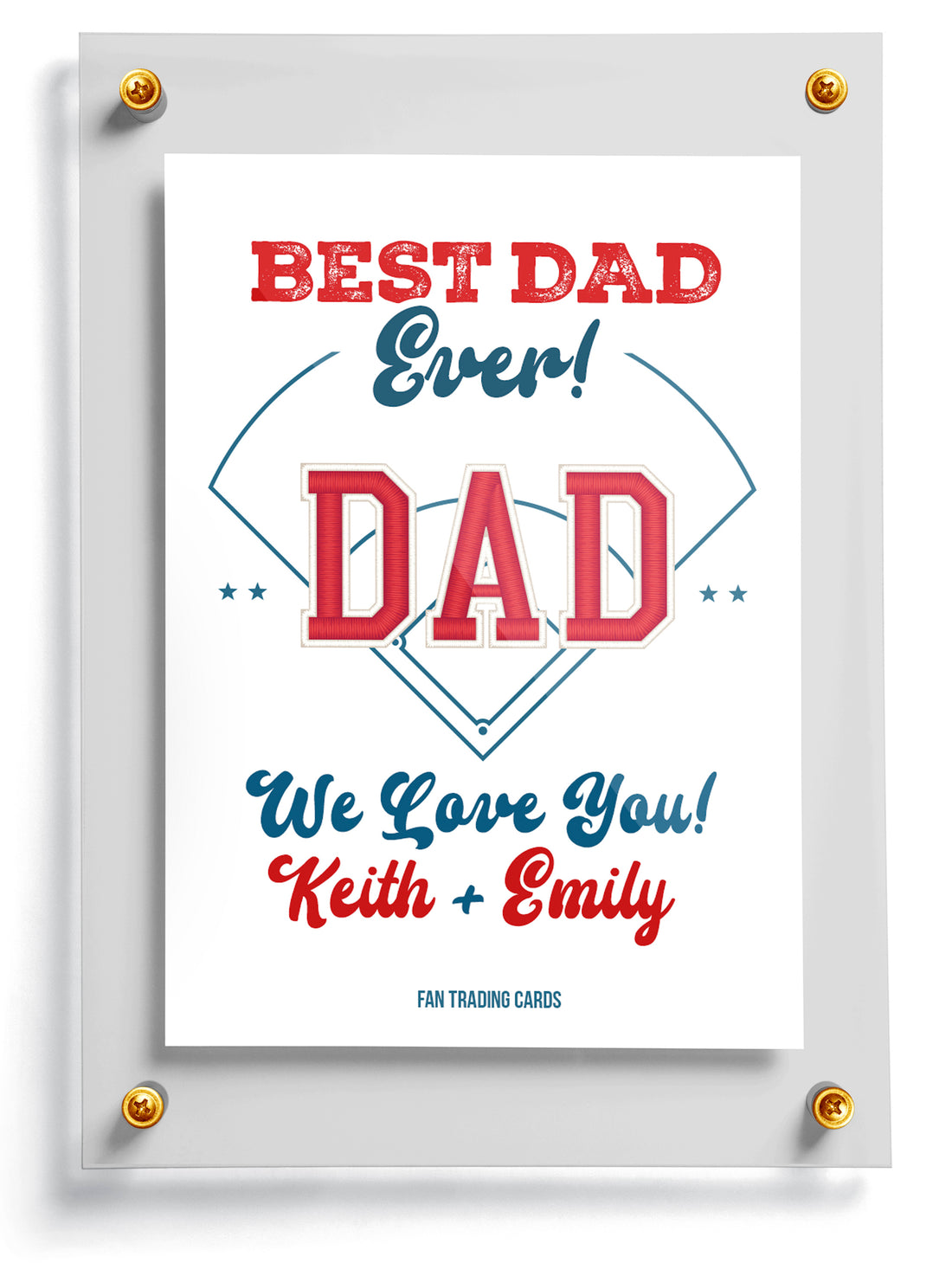 Personalized baseball rookie card template with photo of a man and child, text 'Alexander Hannigan', and baseball elements.