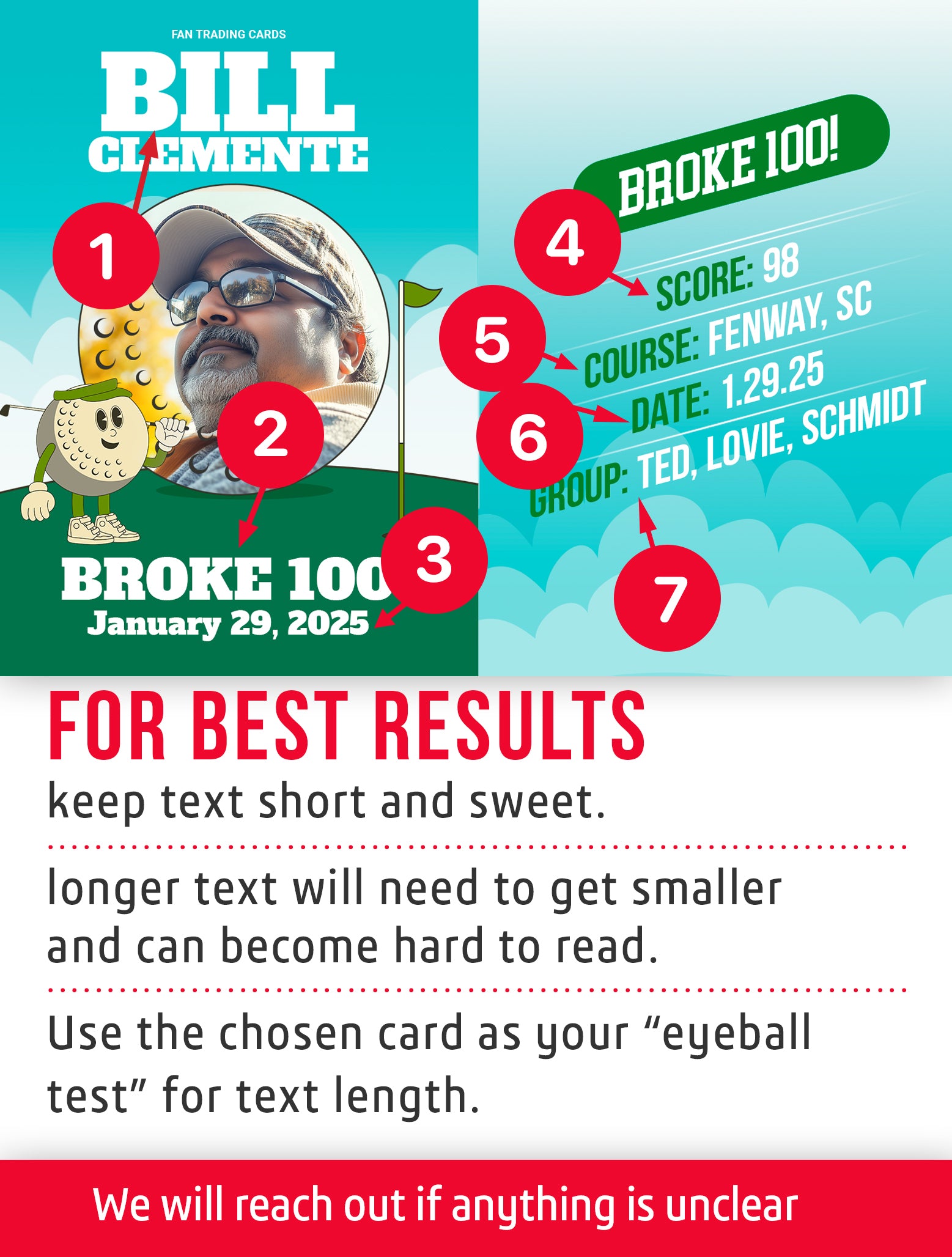 Golf trading card template named Breakfast ball with customization instructions. 