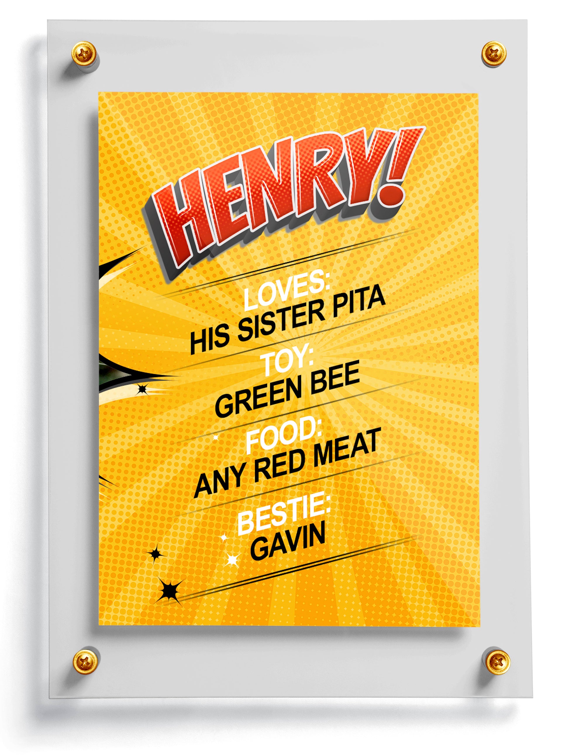 Dog and Card card template named burst with text about a pet named Henry on a yellow background