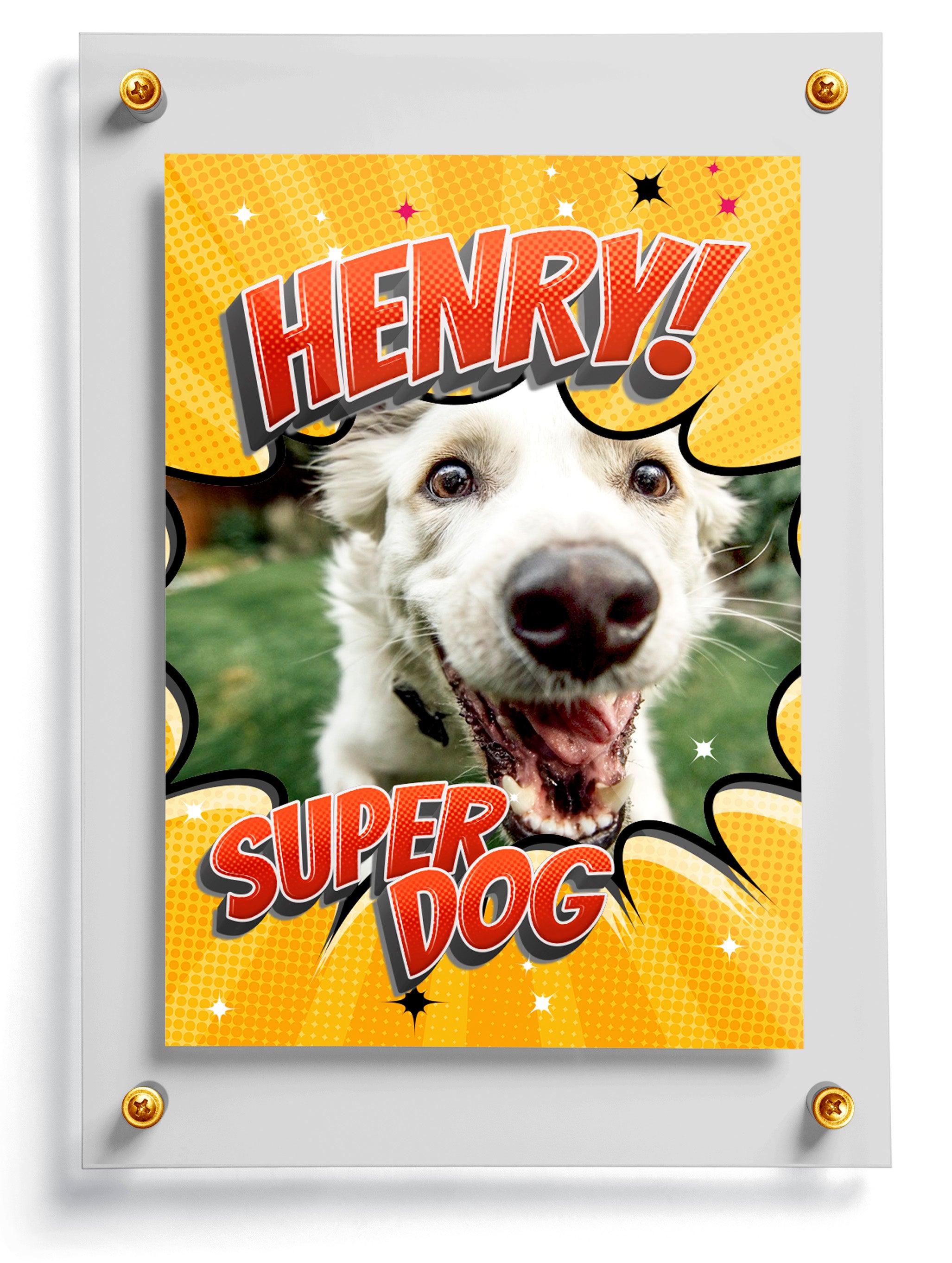 Comic themed personalized template named Burst card with 'Super Dog' text on a yellow background