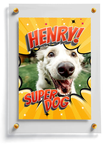 Comic themed personalized template named Burst card with 'Super Dog' text on a yellow background