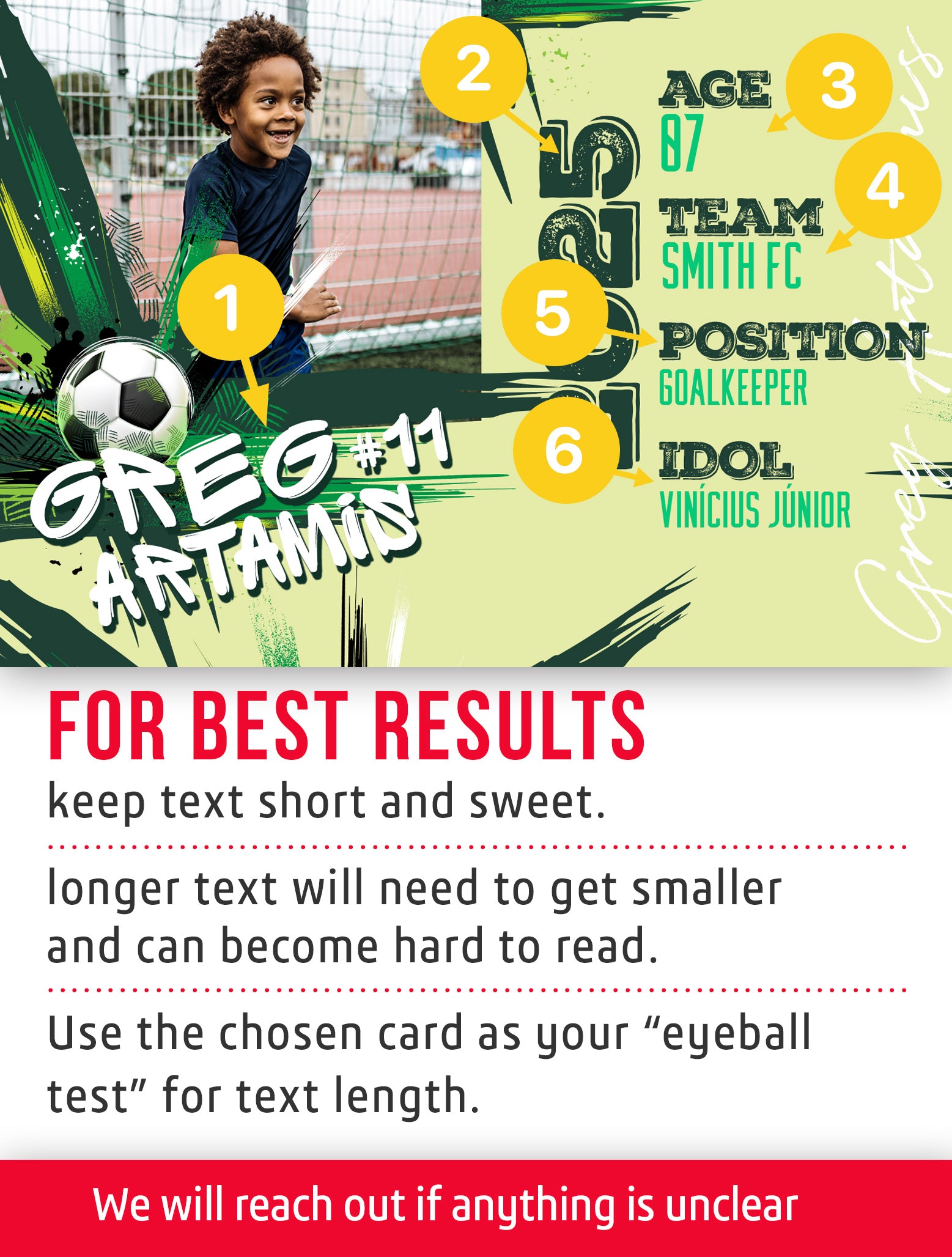 Soccer trading card template named Clear with customization instructions. 