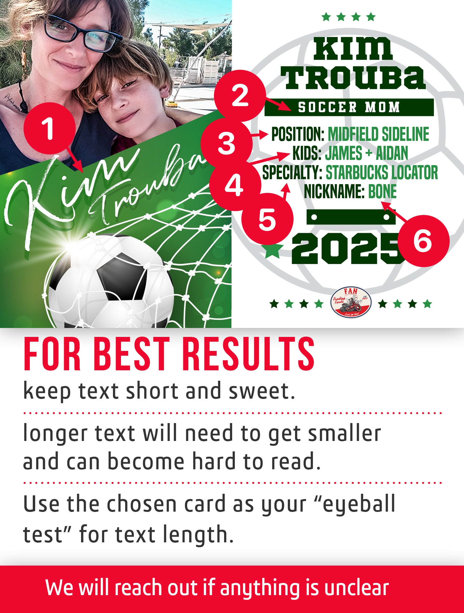 Youth soccer trading card template named Corner with customization instructions. 